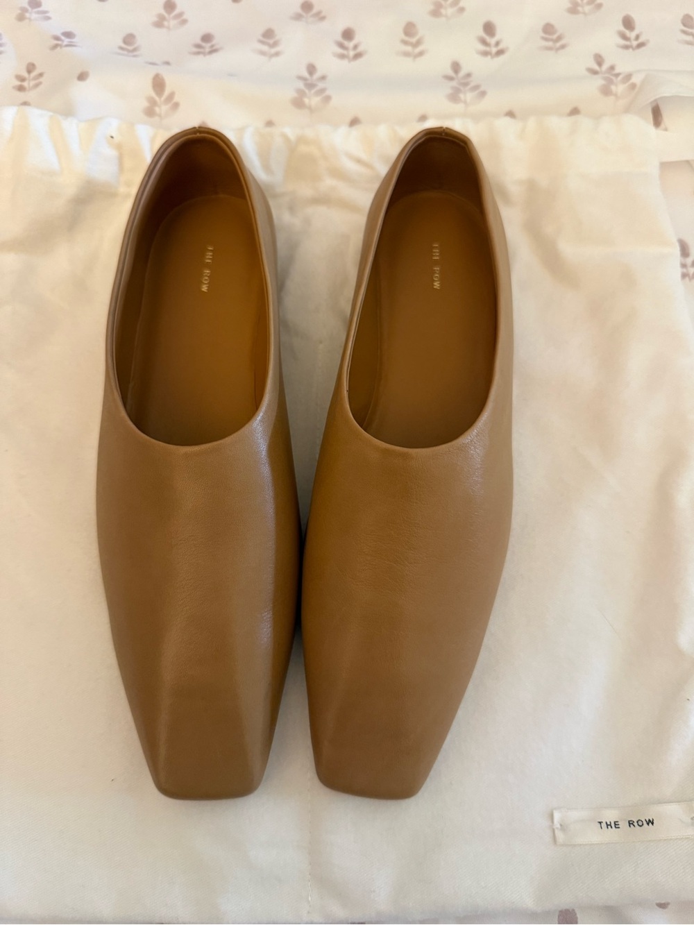 The Row Tan Leather Square-Toe Flats